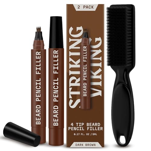 Striking Viking 2 Pack Beard Pencil Filler for Men with 4 Tips - Waterproof Formula Facial Hair Filling Kit with Brush Beard Filler Pen Kit - Dark Brown