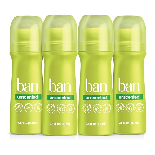 Ban Original Unscented 24-hour Invisible Antiperspirant, 3.5oz Roll-on Deodorant, 4-pack, Underarm Wetness Protection, with Odor-fighting Ingredients