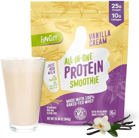 FlavCity Protein Powder Smoothie, Vanilla - 100% Grass-Fed Whey Protein Smoothie with Collagen (25g of Protein) - Gluten Free & No Added Sugars (29.84 oz)
