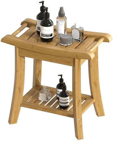 Bamboo Shower Bench Stool with Storage Shelf Small Shower Chair Seat for Inside Shower 19 x 10 x 18 Inches Natural