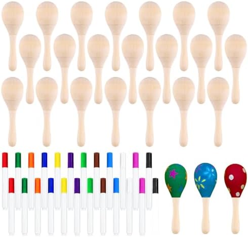 Morcheiong 24Pcs DIY Mini Wooden Maracas for Kids with 24Pcs Multicolor Pens, Fiesta Mexican Maracas Favors, Cinco De Mayo Party Supplies Decorations