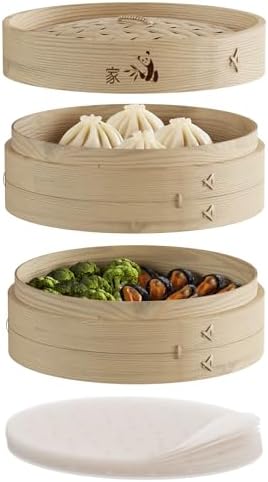 Prime Home Direct Bamboo Steamer Basket 8-Inch | 2-Tier Steamer for Cooking | 50 Liners | Small Instant Steaming Cookware Asian Food, Bao Buns, Chinese, Dim Sum, Dumpling, Rice, Vegetable Steam Pot