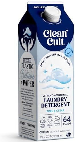 Ultra Concentrated Liquid Laundry Detergent Soap, 64 loads (32 oz), 90% Less Plastic, No Harsh Chemicals, Free & Clear, Defeats Stains & Odors, Eco-friendly, HE/Standard Compatible