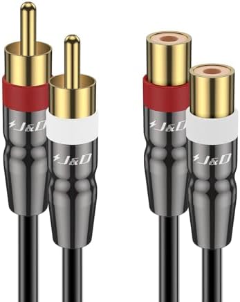 J&D 2 RCA Extension Cable Male to Female, Copper Shell Gold-Plated 2RCA Male to 2RCA Female Cable Stereo Audio Extender Cord Adapter, 6 Feet