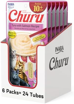 INABA Churu for Senior 10+, Creamy Lickable Cat Treats with Taurine, Vitamin E & C, 0.5 Ounces Each, 24 Tubes (4 per Pack), Tuna with Salmon Recipe