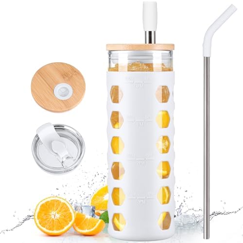MUKOKO 20 oz Glass Tumbler with Straw and 2 Lids - Bamboo Lid & Press-in 2 in 1 Lid, Glass Water Bottles with Pearl Milk Tea & Drinking Straw, Smoothie Glass Cups Silicone Sleeve BPA Free - White