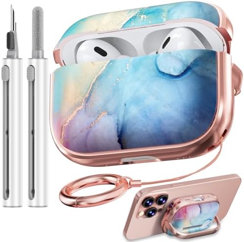 【with Safety Lock】 for AirPods Pro 2nd/1st Generation Case Cover, Cute Floral AirPod Pro 2 Case Hard iPod Pro Case for Women Girly for AirPod Pro Case (2023 USB-C/2022/2019) - Rainbow Gold Marble