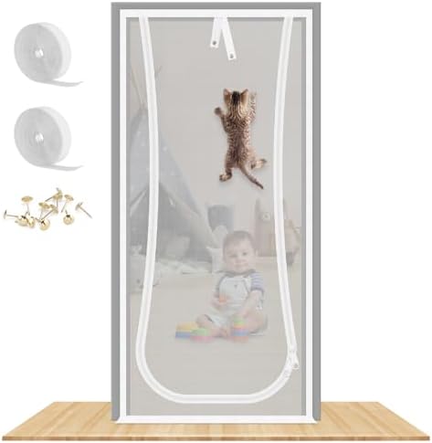 New Reinforced Cat Screen Door, Fits Door Size 38''x 81'' Heavy Duty Pets Proof Screen Door with Bilateral Zipper, Prevent Dogs Cats Running Out from Home, Bedroom,Living Room, Kitchen Patio Door