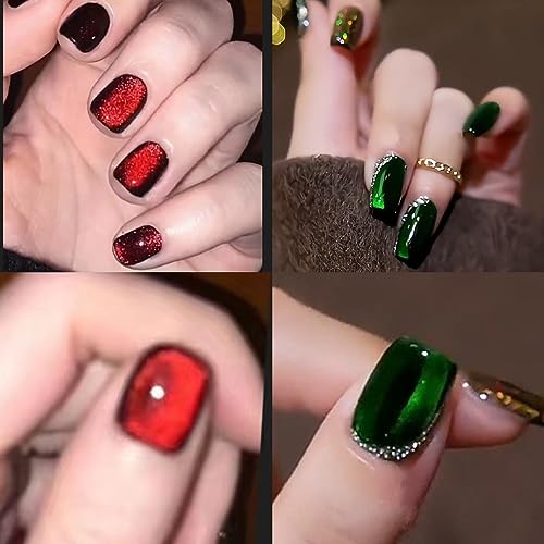 2pcs Dark Red&Dark Green Cat Eye Magnetic Gel Polish Set with Strong Magnetic Stick