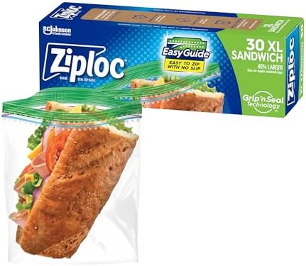 Ziploc XL Sandwich and Snack Bags with EasyGuide Texture, Plastic Storage Bags with Grip 'n Seal Technology, 30 Bags Total