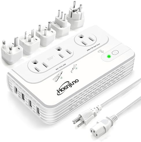 2000W Universal Travel Adapter for Hair Dryer & 200W Voltage Converter 220V to 110V for Curling Iron, Straightener with 3 AC Outlets and 4 USB Ports Power Convetrer