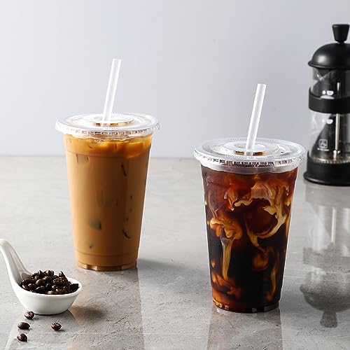 AOZITA 100Pack, 16 oz Plastic Cups With Lids and Straws, Disposable Clear Plastic Cups With Lids for Iced Coffee, Smoothie, Milkshake and Cold Drinks