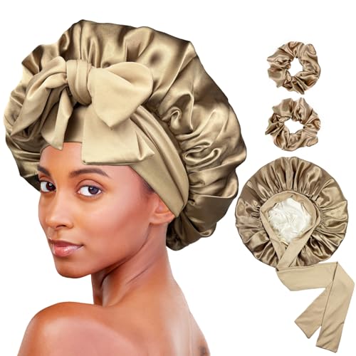 Satin Bonnet for Sleeping Silk Hair Bonnet for Sleeping Women Double Layer Silk Hair Wrap Sleep Bonnet Satin Bonnet for Curly Hair and Braids (Champagne)