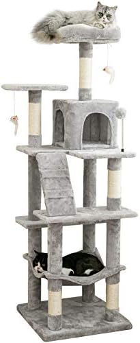 MWPO 63.8 inches Multi-Level Cat Tree for Large Cats with Sisal-Covered Scratching Posts, Padded Platform, Hammock and Condo,Stable Cat Tower Cat Condo Pet Play House-Light Gray