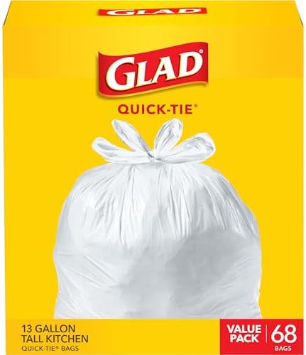 Glad Tall Kitchen Quick-Tie Trash Bags, 13 Gallon, White, 68 Count, (Package May Vary)