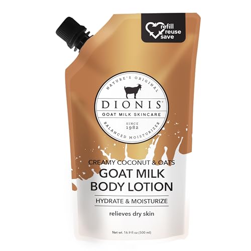 Dionis Goat Milk Skincare Body Lotion 16.9oz Refill Pouch, Cruelty Free Clean Ingredients & Dermatologist Tested Lotion for Dry Skin, Hydrating & Deeply Moisturizing,CreamyCoconut&Oats