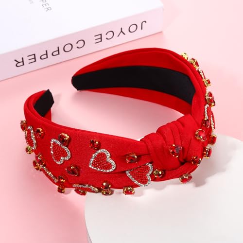 YAHPERN Valentine’s Day Headband for Women Red Pink Heart Knotted Headband Jeweled Rhinestone Crystal Wide Top Knot Hairband Valentine’s Day Hair Accessories Holiday Gifts (Red)