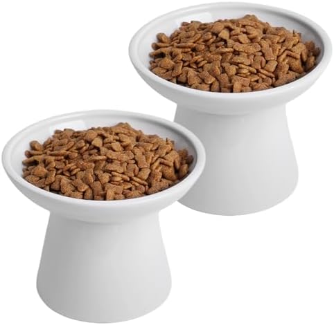 6.2 Inch Extra Wide Elevated Ceramic Cat Bowls, Food and Water Bowl Set for Elder Big Cats Small Dogs, Raised Design for Pet Easy Eating, Protect Cat's Spine Set of 2(White)