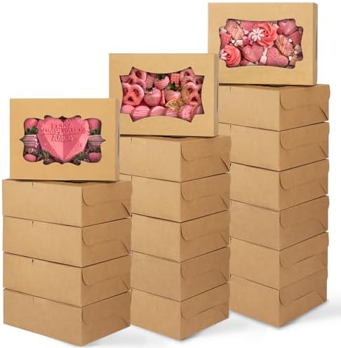 TOMNK 48pcs 8x6x2.5 Inches Cookie Boxes, Treat Boxes with 3 Style Window, Bakery Brown Pastry Dessert Boxes for Chocolate Strawberries Muffins Donuts and Party Favor