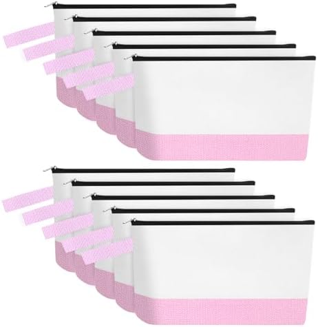10 Pieces Cotton Canvas Makeup Bag with Bottom and Strap, Multi-Purpose Cosmetic Bag with Zipper Travel Toiletry Pouch, Blank DIY Craft Bag (White&Pink, S)