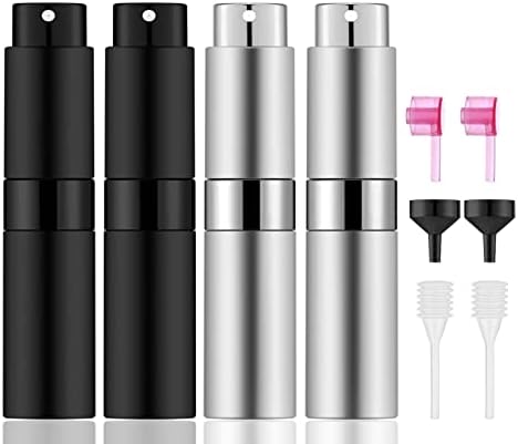 Lil Ray 8ml Portable Mini Perfume Atomizer(4 PCS)，Refillable Empty Small Spray Bottle for Travel, Twist Tpye Pocket Cologne Sprayer (Matte Black&Silver)