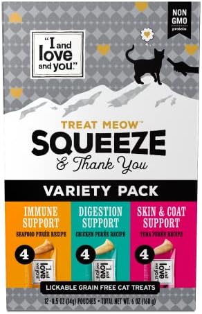 I and Love and You Treat Meow Lickable Cat Treat Variety Pack - Chicken, Tuna, and Seafood Puree - Squeeze Treat, 0.5oz, 4ct