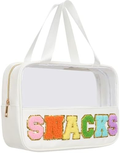 Snack bags, Snack Pouch Chenille Letter Patch Clear Bag, Snack Bag for travel, Preppy Cosmetic Bag Clear Snack pouch with Zipper, Toiletry Bags for Traveling women, Clear Travel Bags for Toiletries