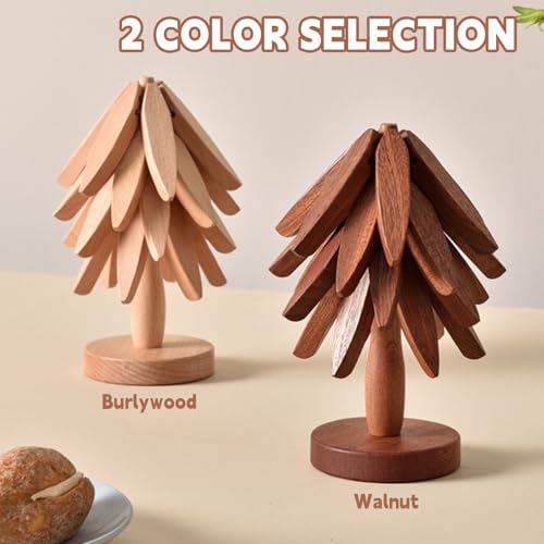 Wooden Trivets for Hot Dishes， Tree Shape Trivet Set,Trivets for Hot Dishes - 4 Wooden Trivets + 1 Stand stored Like a Christmas Tree (Beech Wood)