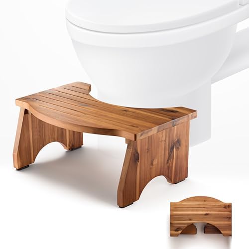 HOLANA Foldable Toilet Stool for Bathroom Adults - 7.2" Acacia Wood Poop Stool for Kids - Pooping Stool Squat with Anti Slip Layer - Bathroom Stools for Sitting/Travel (Acacia Wood 7.2" Height)