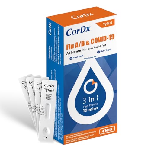CorDx Tyfast at-Home Flu A/B and COVID-19 Rapid Test Kit, Easy, Accurate, Fast Results in 10 Minutes, 4 Tests.