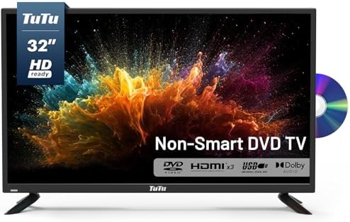 TuTu 32 Inch TV with DVD Player Built-in, 720P HD Flat Screen LED TV DVD Combo with HDMI, USB, VGA, Non-Smart TV or Monitor for Room, Kitchen, Office, or RV Camper