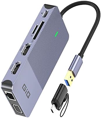 USB Docking Station GIQ USB C HUB USB 3.0 to Dual HDMI VGA Adapter Triple Display USB C Laptop Docking Station Dual Monitor HDMI Splitter Extender Compatible with MacBook M1 M2 USB Dock-Grey1