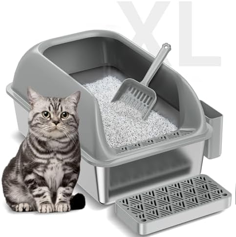 Stainless Steel Litter Box with Lid, XL Extra Large Metal Cat Litter Box for Big Cats, High Sided Design with Scoop & Pedal, Non-Stick, Anti-Leak, Easy to Clean-Light Grey