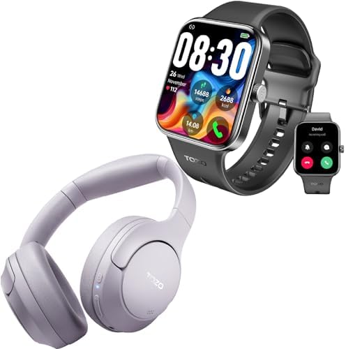 TOZO S4 AcuFit One Smartwatch 1.78-inch Bluetooth Talk Dial Fitness Tracker Black + HT2 Hybrid Active Noise Cancellation Wireless Over-Ear Bluetooth Headphones Purple
