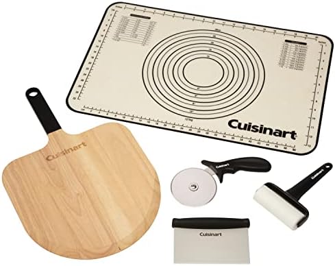 Cuisinart CPS-3216 5-Piece Prep & Serve Set (Non-Stick Silicone Prep Mat, Wooden Peel, Cutter, Dough Roller), Pizza Spinners