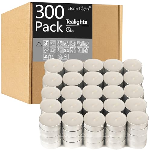 HomeLights Tealight Candles - 4 Hours - Giant 100,200,300 Bulk Packs - White Unscented European Votive Smokeless Tea Lights for Shabbat, Weddings, Christmas, Home Decorative - 300 Pack