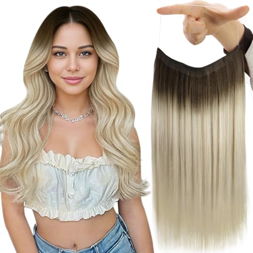 Fshine Invisible Wire Hair Extensions Real Human Hair 16 Inch Blonde Hair Extensions Transparent Fish Line Dark Brown Ombre Blonde Straight Wire Hair One Piece Hidden Clip in Hair Extensions 80G