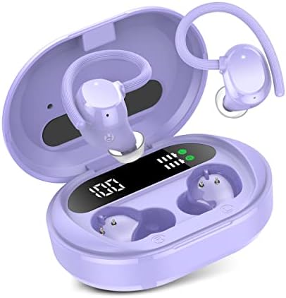 Wireless Earbuds, 2023 New Ultralight Sport Bluetooth 5.3 Headphones In Ear with LED Display, Built-in Mic Earphones, IPX7 Waterproof Wireless Headphones with Earhooks for Gym Workout (Purple)