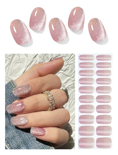 Semi Cured Gel Nail Strips | Nude Cat Eye Gradient 20pcs Semi Cured Gel Nails Sticker | Gel Nail Wraps UV for Home Nails DIY