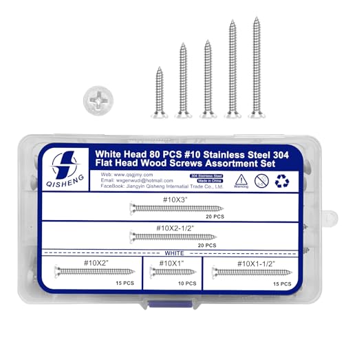 QISHENG 80 PCS White Head #10 Stainless Steel Phillips Flat Head Wood Screws Assortment Set,Stainless Steel 18-8 A2(304) Screw,Home Screw Kit