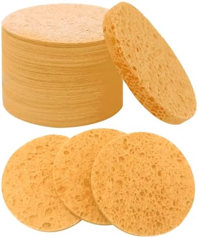 50-Count Large Compressed Facial Sponges for Estheticians,Daily Cleansing and Gentle Exfoliating- 100% Natural Cellulose Spa Sponge Perfect for Removing Dead Skin,Dirt and Makeup(Round 2.95", Yellow)