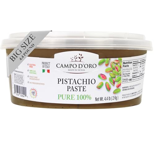 Pure Pistachio Paste Bucket, 100% Pistachio Paste tube, 4.4 lb (2kg), Unsweeted Pistachio Butter Spread for Foodservice, No Artificial Colors, Nut Butter, Product of Italy, Natural Green Color, Campo D'Oro