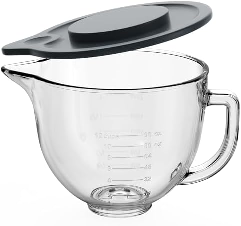 Glass Bowl Compatible With KitchenAid 4.5-5QT Tilt-Head Stand Mixers, Glass Mixing Bowl Replacement with Measurement Markings & Pour Spout for Kitchen Aid Mixer Accessory, Microwave & Freezer Friendly