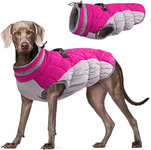 FUAMEY Dog Coat,Warm Dog Jacket Winter Coat Paded Dog Fleece Vest Reflective Dog Cold Weather Coats with Built in Harness Waterproof Windproof Dog Snow Jacket Clothes with Zipper Rose Red XX-Large