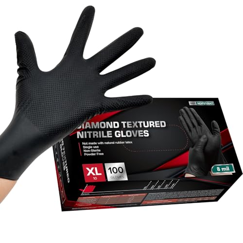 Jointown Basic Heavy Duty Nitrile Gloves, 8 Mil Black Mechanic Disposable Gloves X-Large with Raised Diamond Texture, Latex Free, Powder Free Industrial Automotive Work Gloves Box of 100