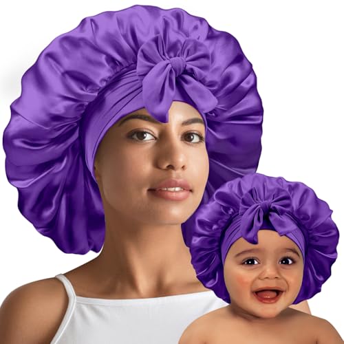 2 PCS Mommy and Me Bonnet Set,Silk Bonnet for Kids and Women,Satin Bonnet for Sleeping with Elastic Tie Band,Adjustable Hair Bonnet for Women Girl Kids Toddler Sleeping Caps(Dark Purple)