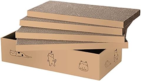 4 Packs in 1 Cat Scratch Pad with Box, Cat Scratcher Cardboard,Reversible,Durable Recyclable Cardboard, Suitable for Cats to Rest, Grind Claws and Play with Scratch Box