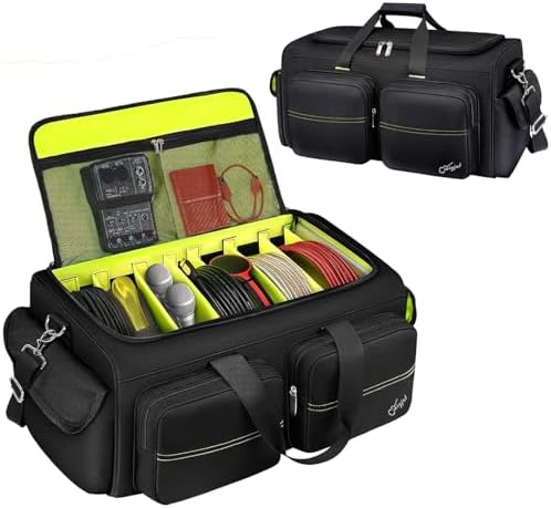 SNIGJAT DJ Bag, Large Capacity DJ Cable Bag with 6 Pockets for Extension Cords, Mics, Pedals, Mixer Bag for Musicians, DJ Equipment Gig Bag with Padded Shoulder Strap, Audio Mixer Case