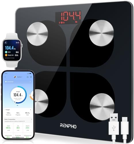 RENPHO Rechargeable Smart Scale, Digital Weight Scale for Body Weight, Bathroom Scale with BMI and Body Fat, Body Composition Monitor with Smartphone App, 396 lbs, Elis 1