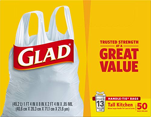 Glad Trash Bags, Tall Kitchen Handle-Tie Garbage Bags - 13 Gallon White Trash Bag - 50 Count (Package May Vary)